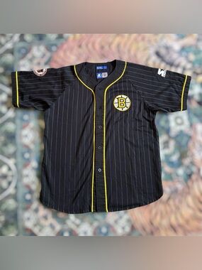 Vintage 90s Starter NHL Boston Bruins Pinstripe Jersey Baseball Shirt Large *